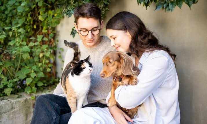 Pet Health care scene with a man and woman cuddling a small brown dog beside a black-and-white cat