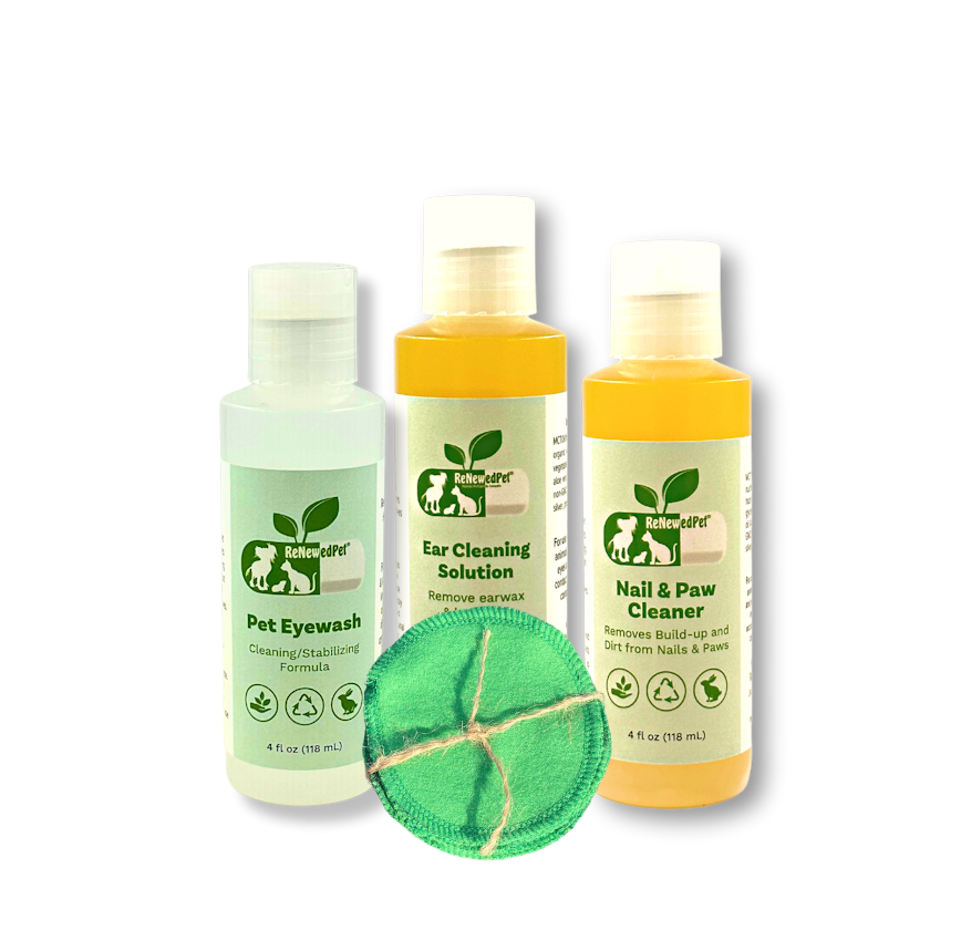4-ALL PETS natural ear, nail, and eyewash cleaning kit with organic ingredients and reusable cotton pads