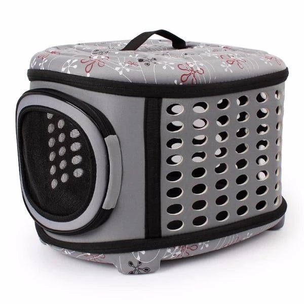 Foldable beige portable pet carrier handbag with breathable mesh for small dogs and cats