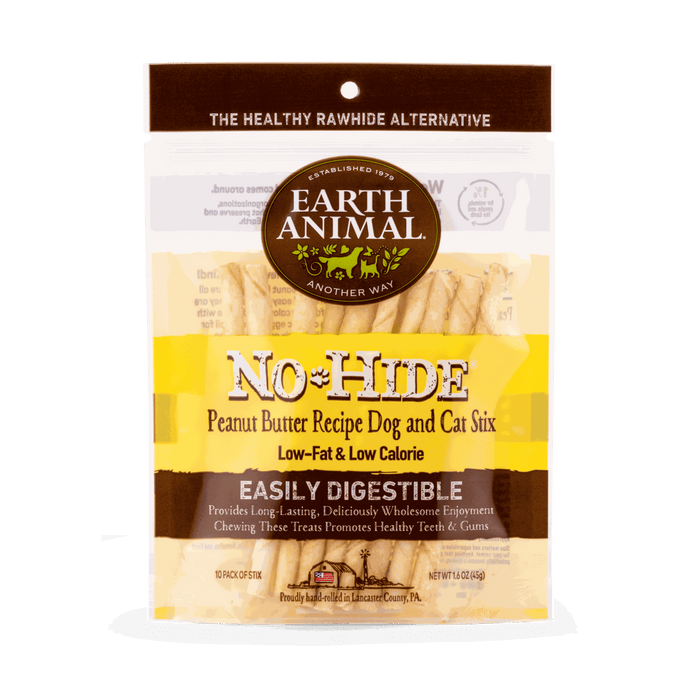 Dog chew sticks in a clear package with yellow and brown labels, peanut butter flavor; Earth Animal No Hide pack of six.