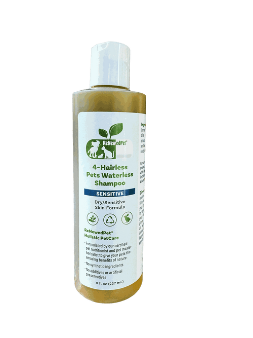 Sensitive Waterless Shampoo bottle with a gold-toned liquid, white cap, and green-and-white label for hairless pets.