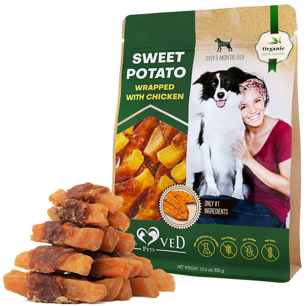 Sweet Potato and Chicken Chews grain-free dog treats wrapped in real chicken meat for healthy chewing and dental care
