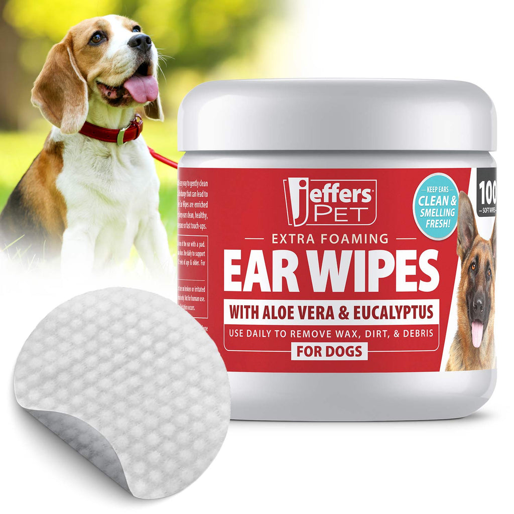 Jeffers Dog Ear Cleaning Wipes 100 count package with aloe vera and eucalyptus oil for gentle dog ear care