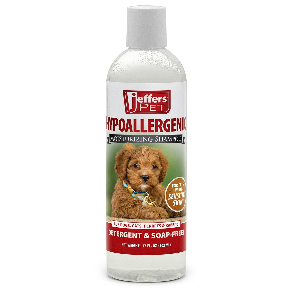 Jeffers Hypoallergenic Moisturizing Pet Shampoo bottle with label highlighting sensitive skin formula and hypoallergenic features