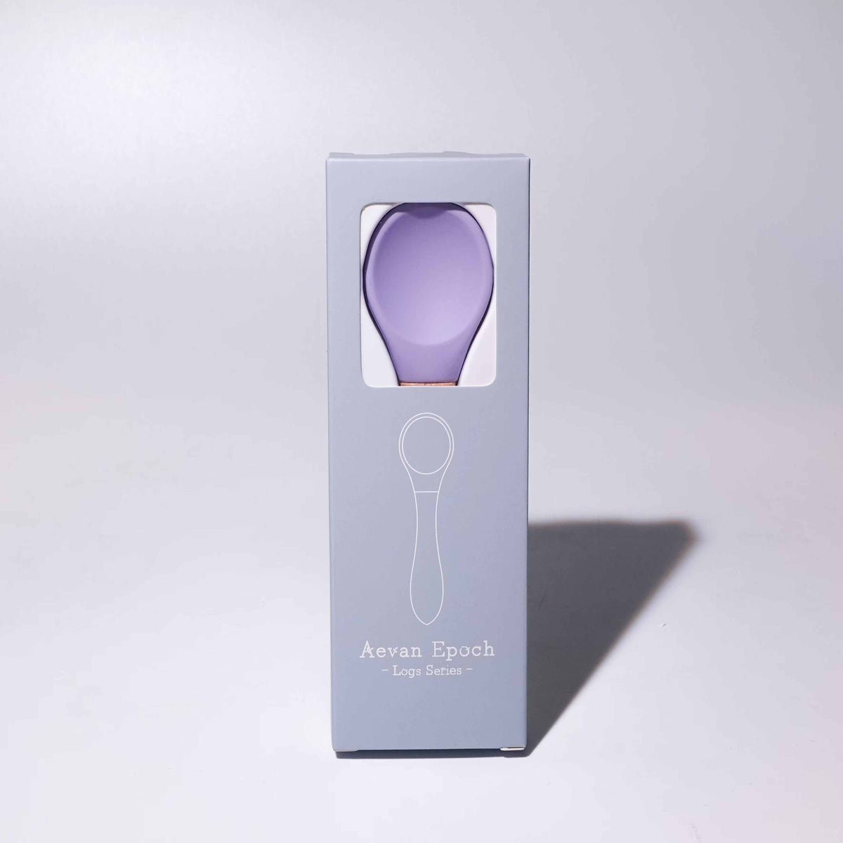 Beechwood Silicone Spoon with a smooth lavender silicone bowl and matching pastel box with spoon outline