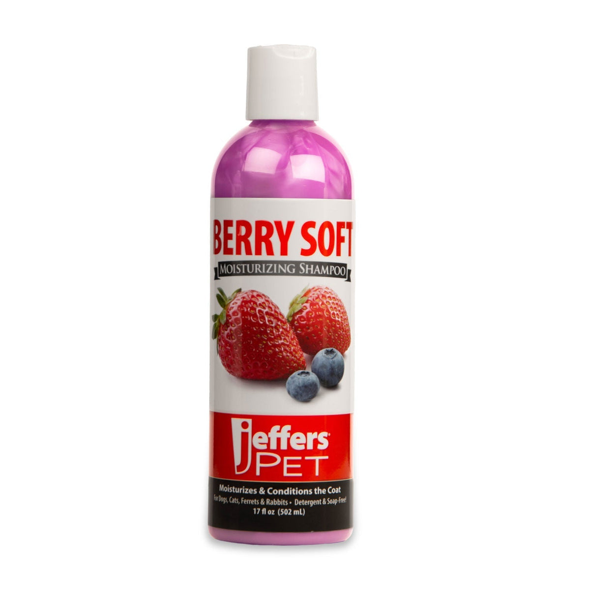 Bottles of Jeffers Moisturizing Shampoo for dogs, cats, ferrets, and rabbits with berry soft and vanilla bean scents