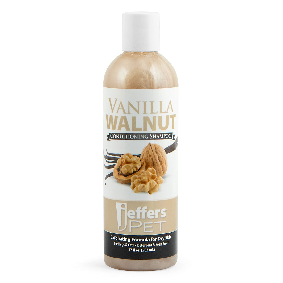 Bottle of Jeffers Pet Vanilla Walnut exfoliating dog and cat conditioning shampoo