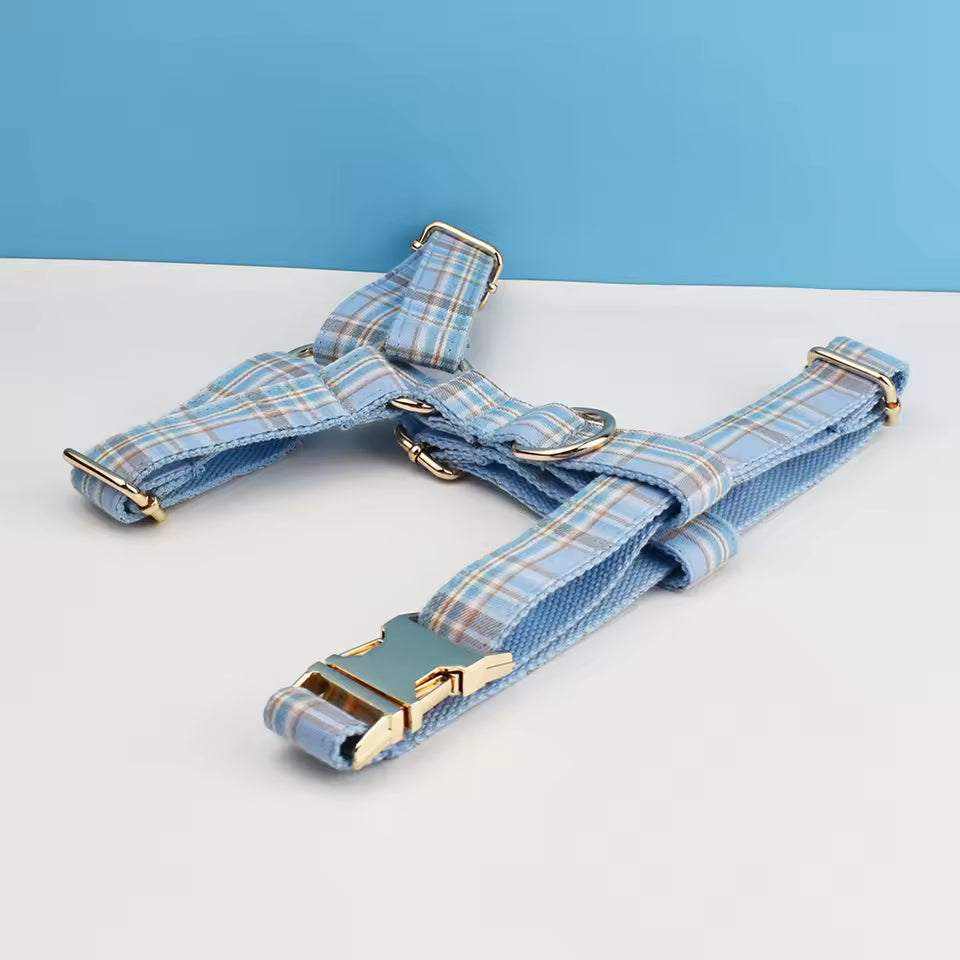 personalized no pull dog harness set in light blue plaid nylon webbing with adjustable straps and gold-tone buckles