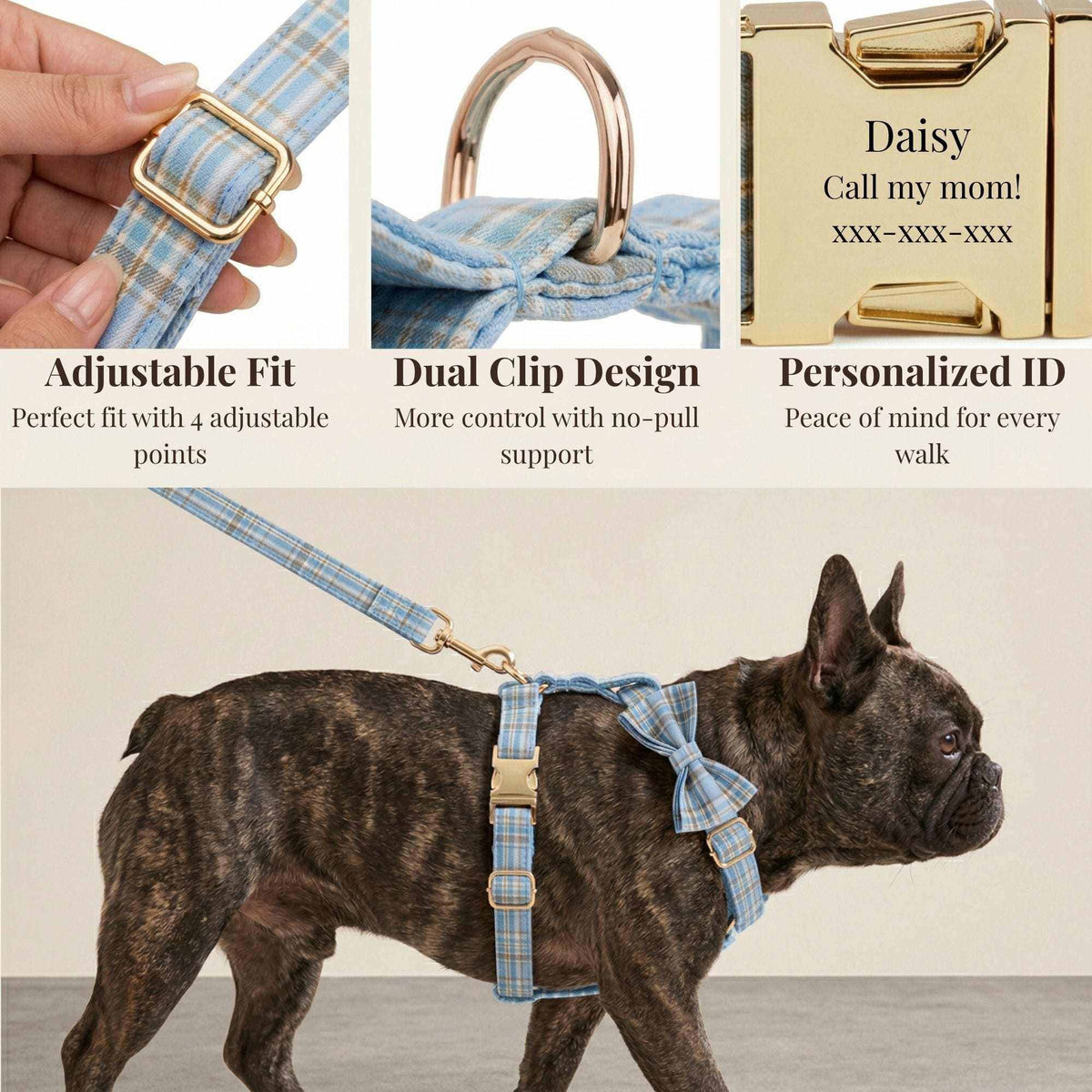 Personalized no pull dog harness set in blue plaid with matching bow collar and leash, adjustable straps and gold-tone hardware