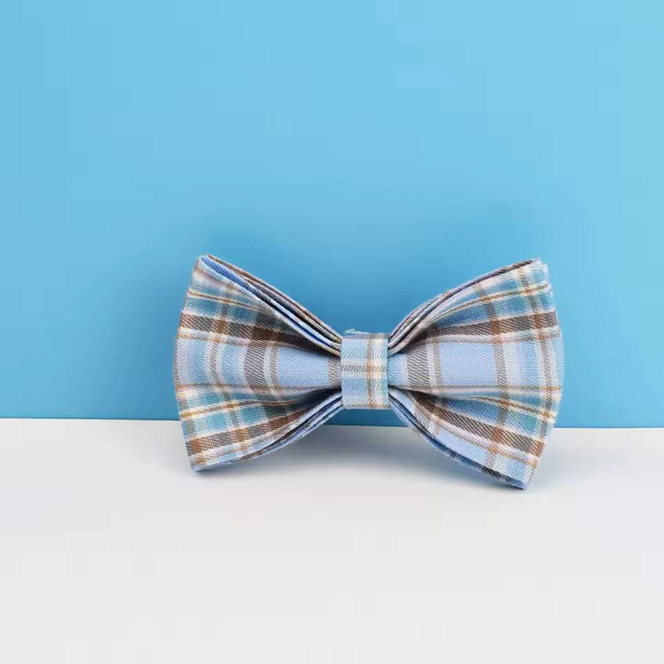 personalized no pull dog harness set featuring a light blue plaid fabric bow tie with brown and white checks