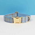 personalized no pull dog harness set featuring a blue plaid fabric collar with a gold-tone buckle and D-ring