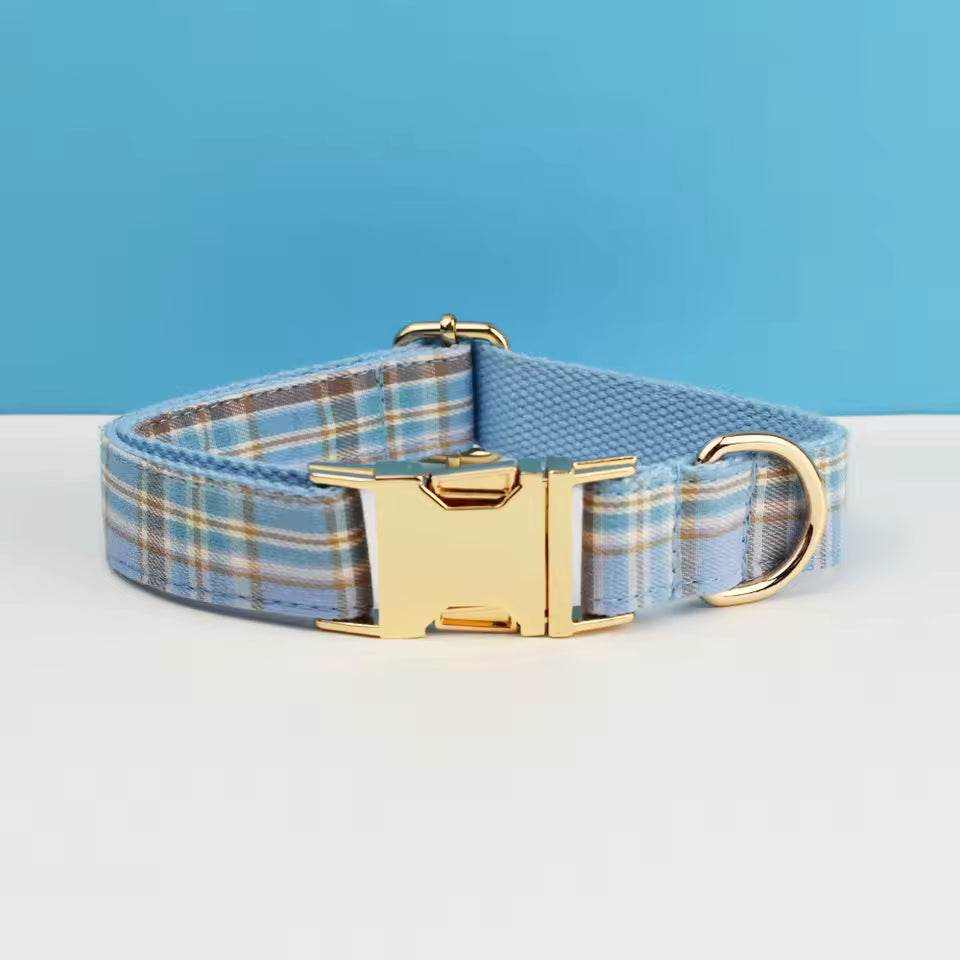 personalized no pull dog harness set featuring a blue plaid fabric collar with a gold-tone buckle and D-ring