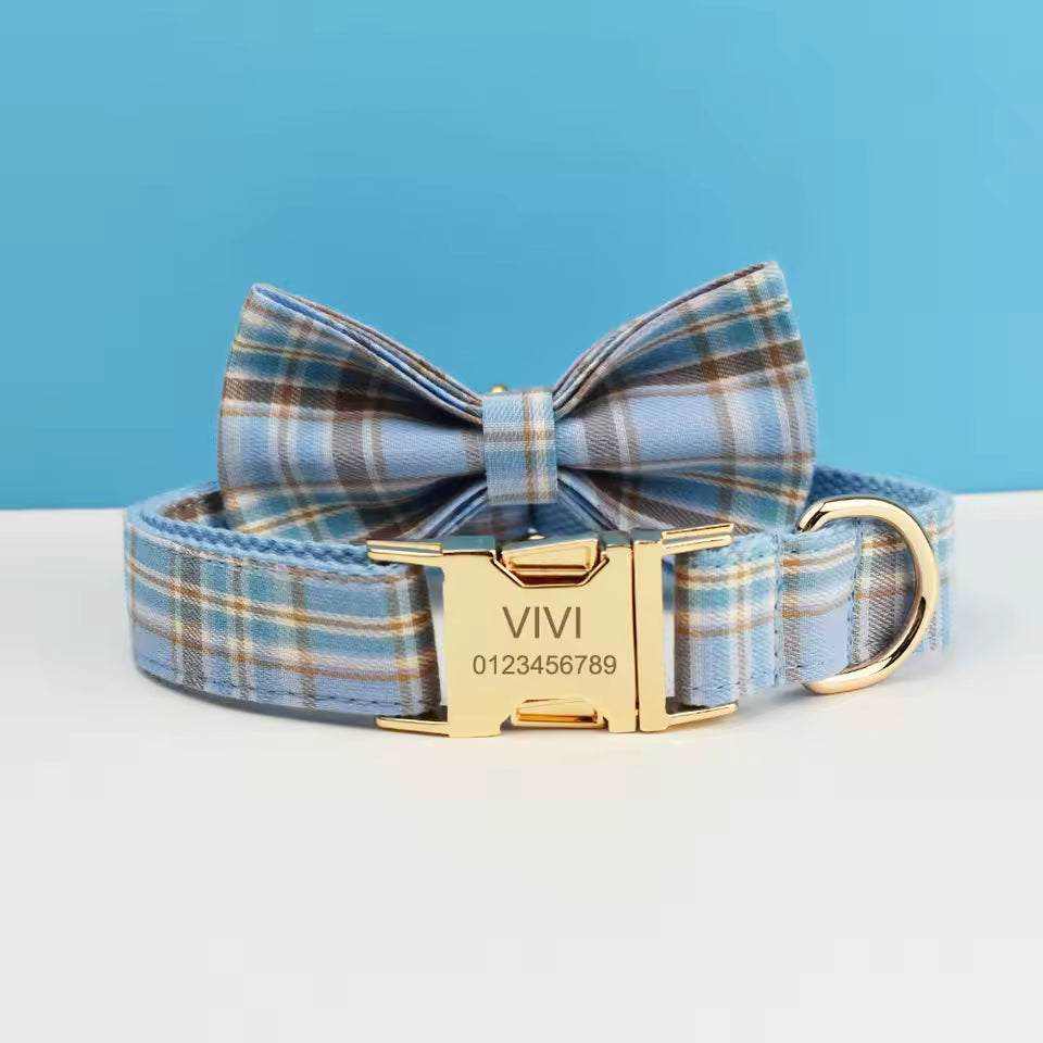 personalized no pull dog harness set features a blue plaid collar with a matching bow tie and engraved gold-tone buckle