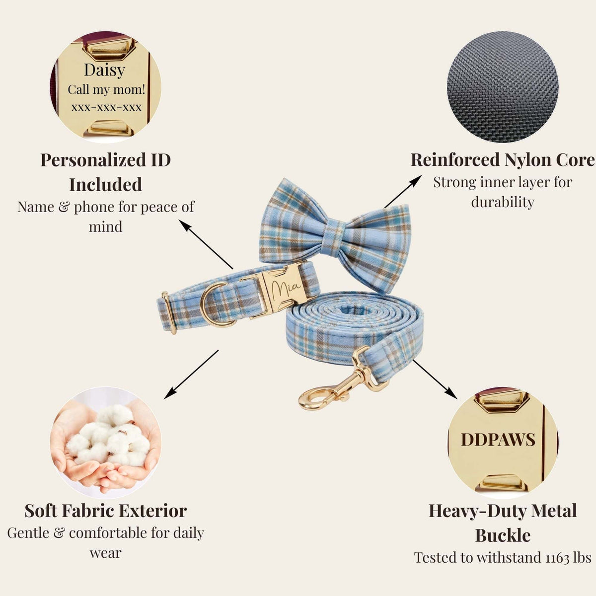 personalized no pull dog harness set in blue plaid, with a matching collar, coiled leash, bow tie, and gold-tone hardware