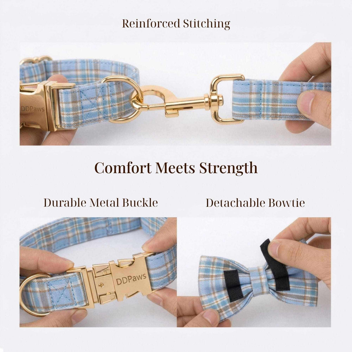 personalized no pull dog harness set with light blue plaid nylon straps, gold-tone metal buckle and detachable matching bow tie