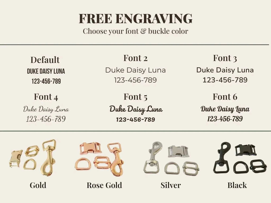 Personalized no pull dog harness set engraving options showing six font styles and gold, rose gold, silver, and black buckles