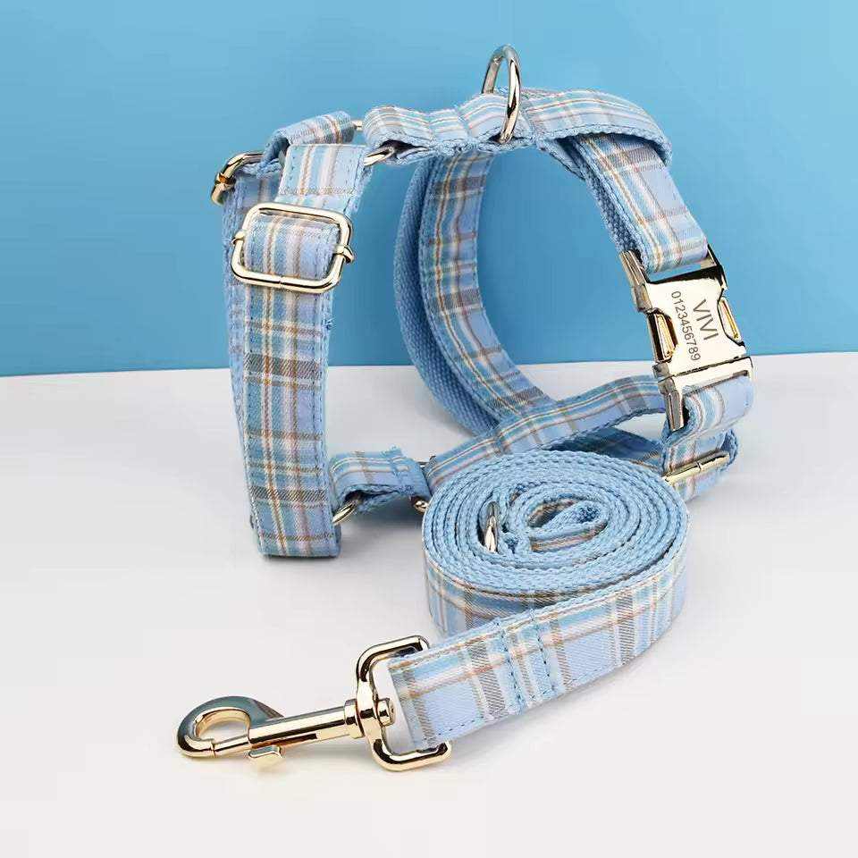 personalized no pull dog harness set in light blue plaid nylon, with matching coiled leash and silver-tone hardware
