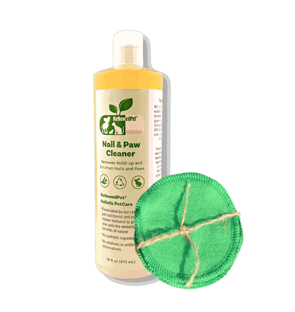 Pet Nail/PAW Cleaner in a cream bottle with a yellow cap and green label, beside a round green reusable pad
