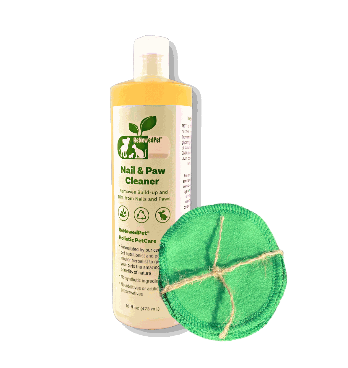 Pet Nail/PAW Cleaner in a cream bottle with a yellow cap and green label, beside a round green reusable pad