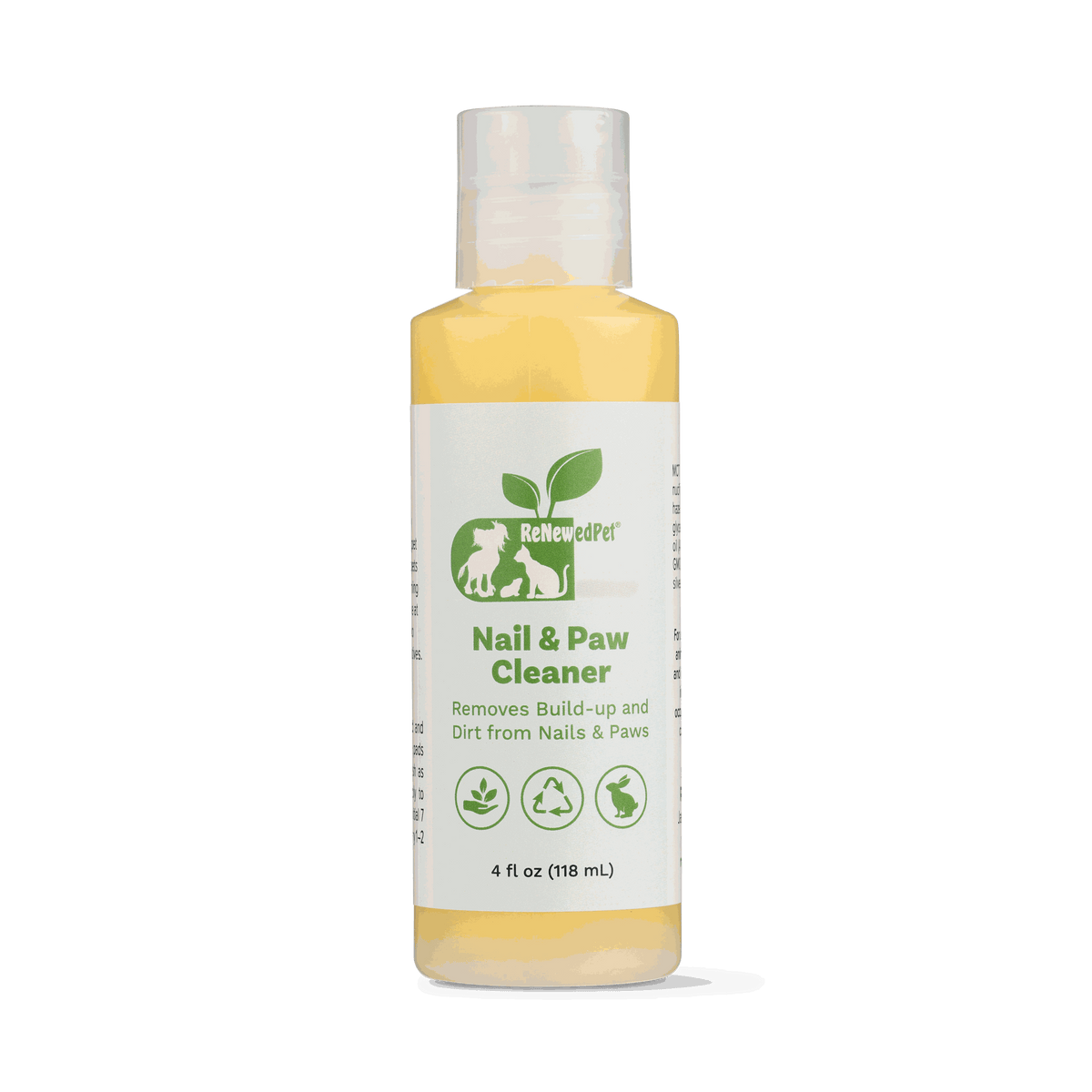 Pet Nail/PAW Cleaner in a clear bottle with pale yellow liquid, white label, green text and pet-care icons
