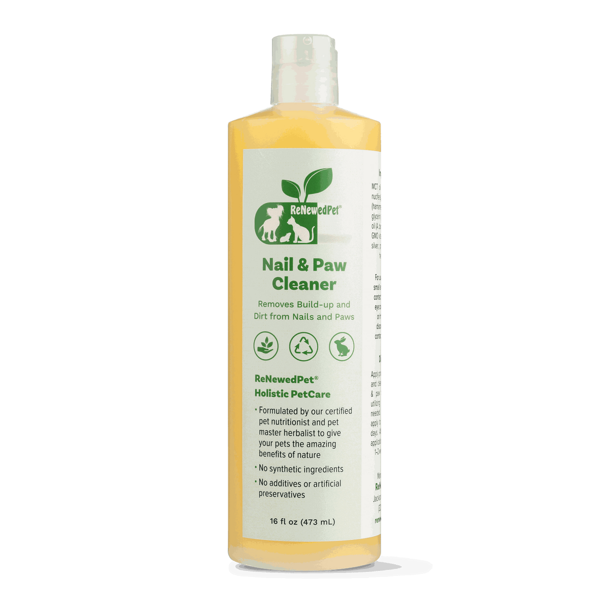 Pet Nail/PAW Cleaner in a clear plastic bottle with pale yellow liquid, white cap and green-and-white label.