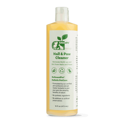 Pet Nail/PAW Cleaner in a clear plastic bottle with pale yellow liquid, white cap and green-and-white label.