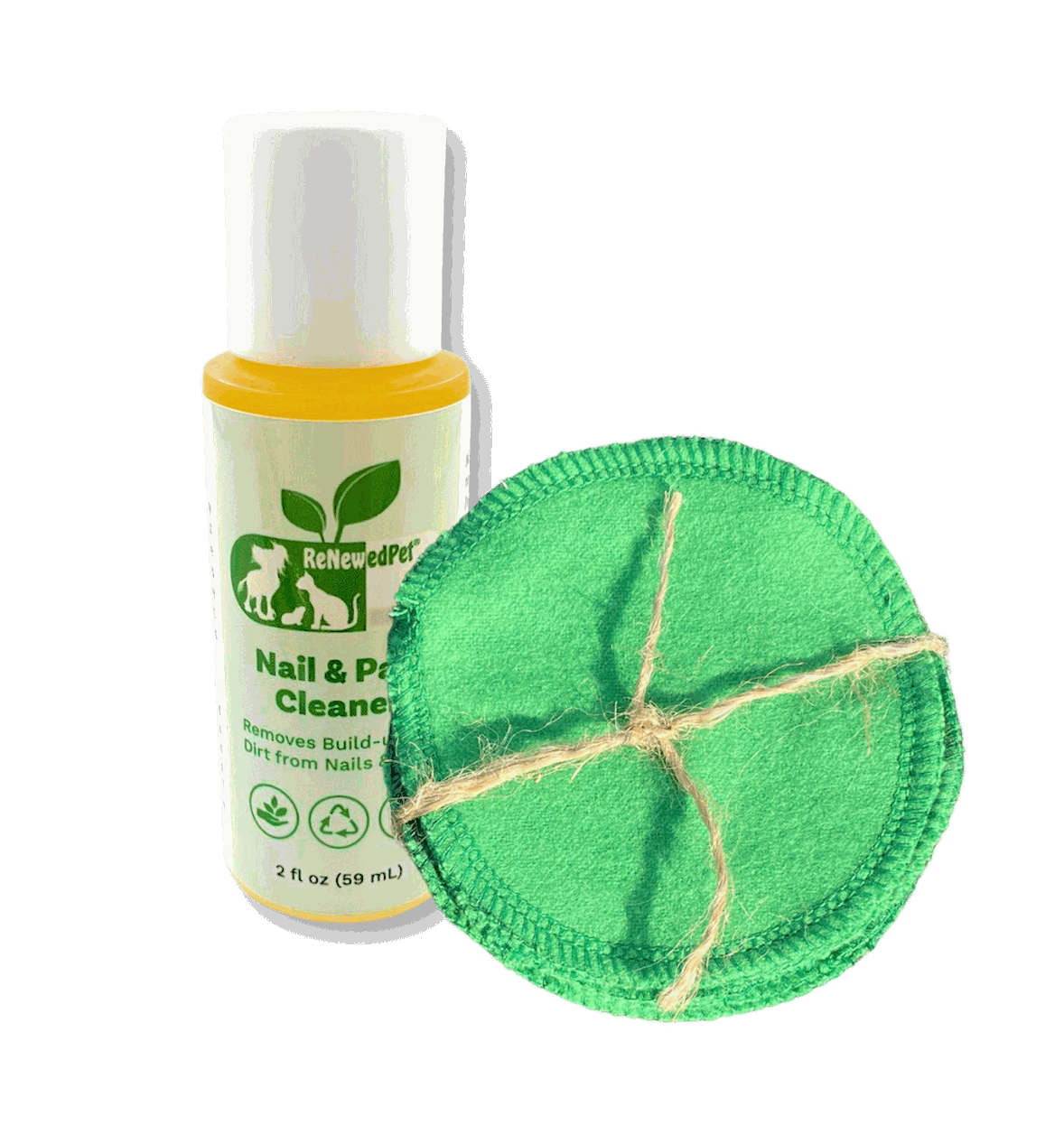 Pet Nail/PAW Cleaner in a small white bottle with a yellow cap, paired with round green reusable cotton pads tied with twine