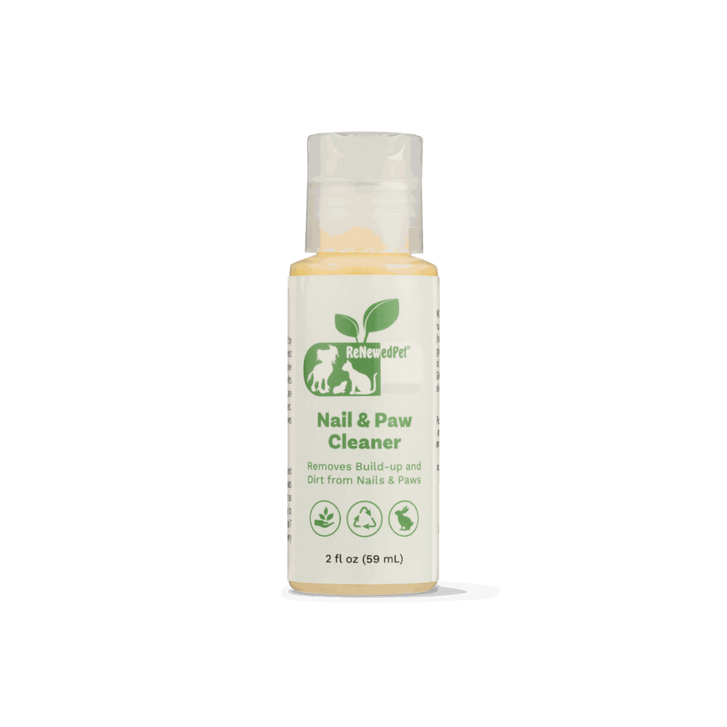 Pet Nail/PAW Cleaner in a small white bottle with green label, clear cap, and botanical and animal icons.