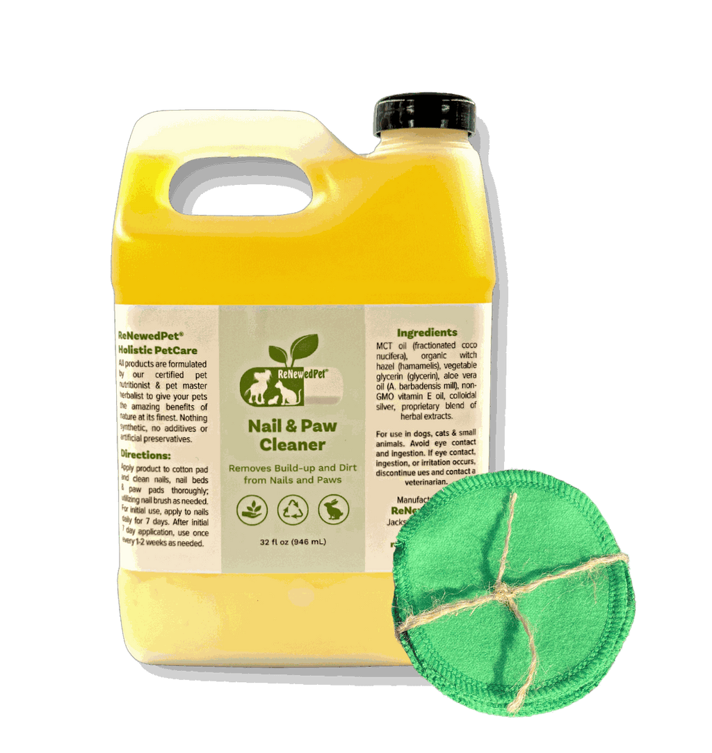 Pet Nail/PAW Cleaner in a translucent yellow handled jug with black cap, green product label, and green round pad