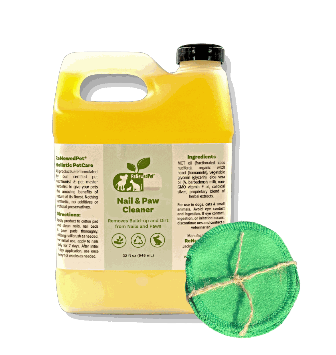 Pet Nail/PAW Cleaner in a translucent yellow handled jug with black cap, green product label, and green round pad