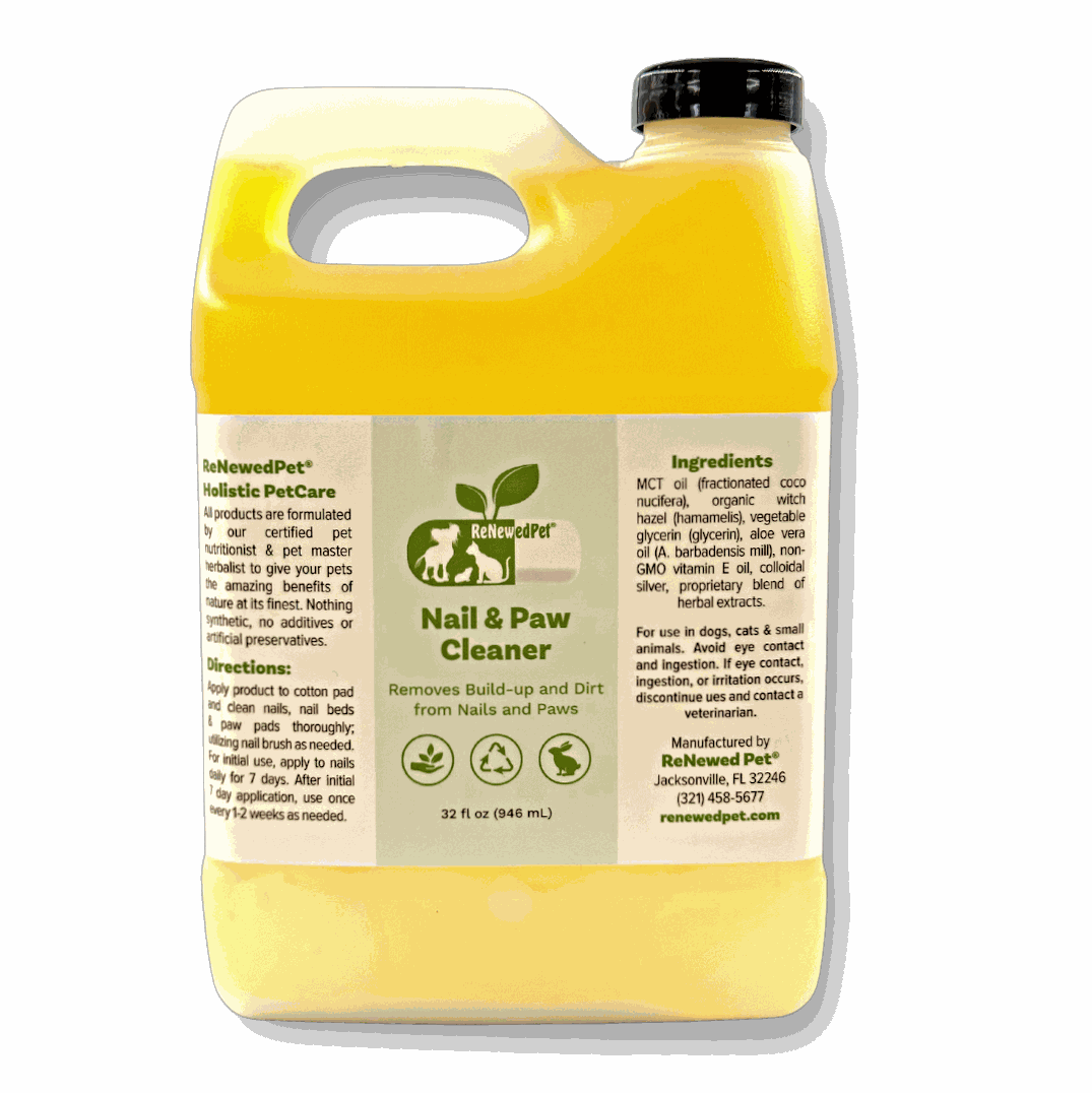 Pet Nail/PAW Cleaner in a yellow plastic jug with a black cap, integrated handle, and green-and-cream label