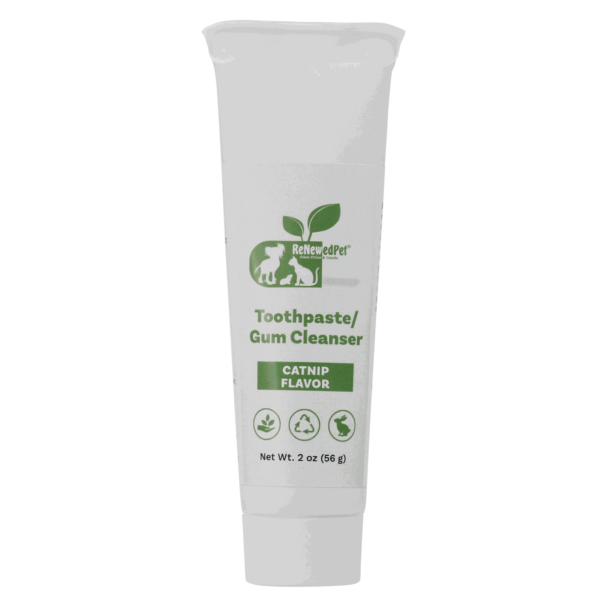 Pet Toothpaste/Gum Cleanser tube in white with green ReNewedPet label, catnip flavor, and botanical icons