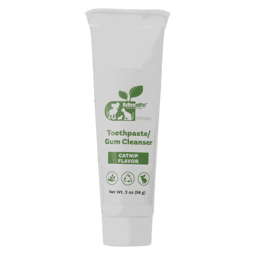 Pet Toothpaste/Gum Cleanser tube in white with green ReNewedPet label, catnip flavor, and botanical icons