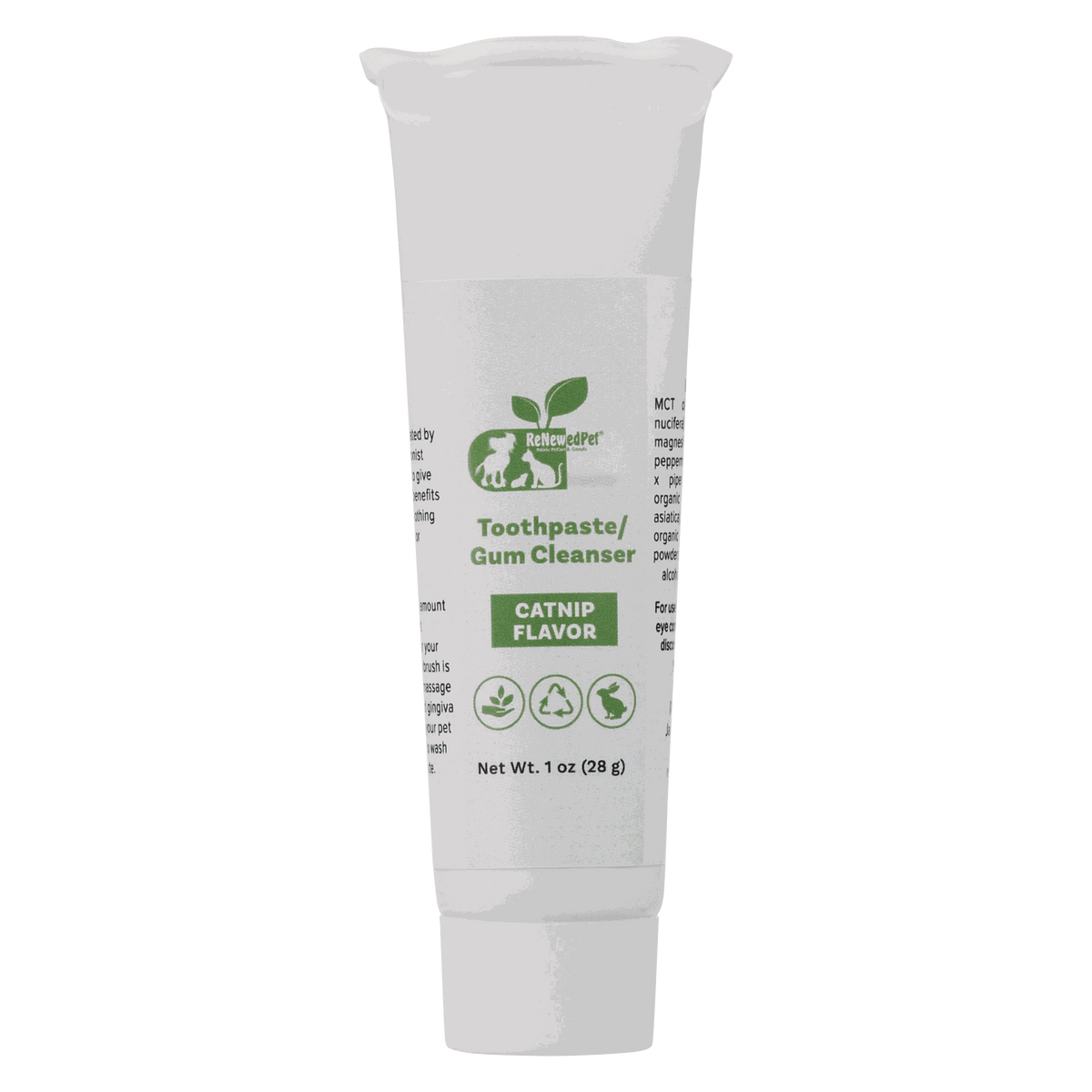 Pet Toothpaste/Gum Cleanser in a white tube with green labeling, marked catnip flavor and 1 oz size
