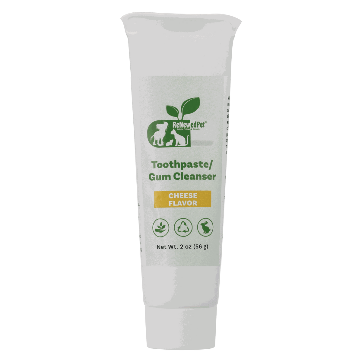 Pet Toothpaste/Gum Cleanser in a white tube with green lettering and a yellow cheese flavor label