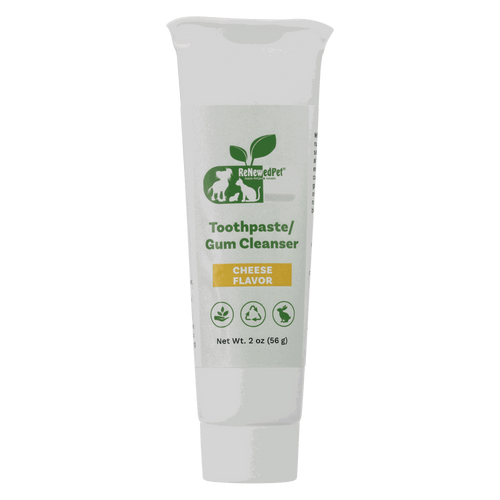 Pet Toothpaste/Gum Cleanser in a white tube with green lettering and a yellow cheese flavor label