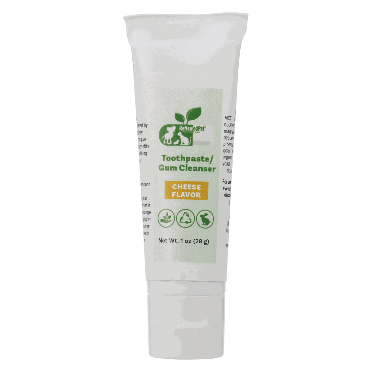Pet Toothpaste/Gum Cleanser in a white tube with a green label, cheese flavor badge, and one-ounce net weight