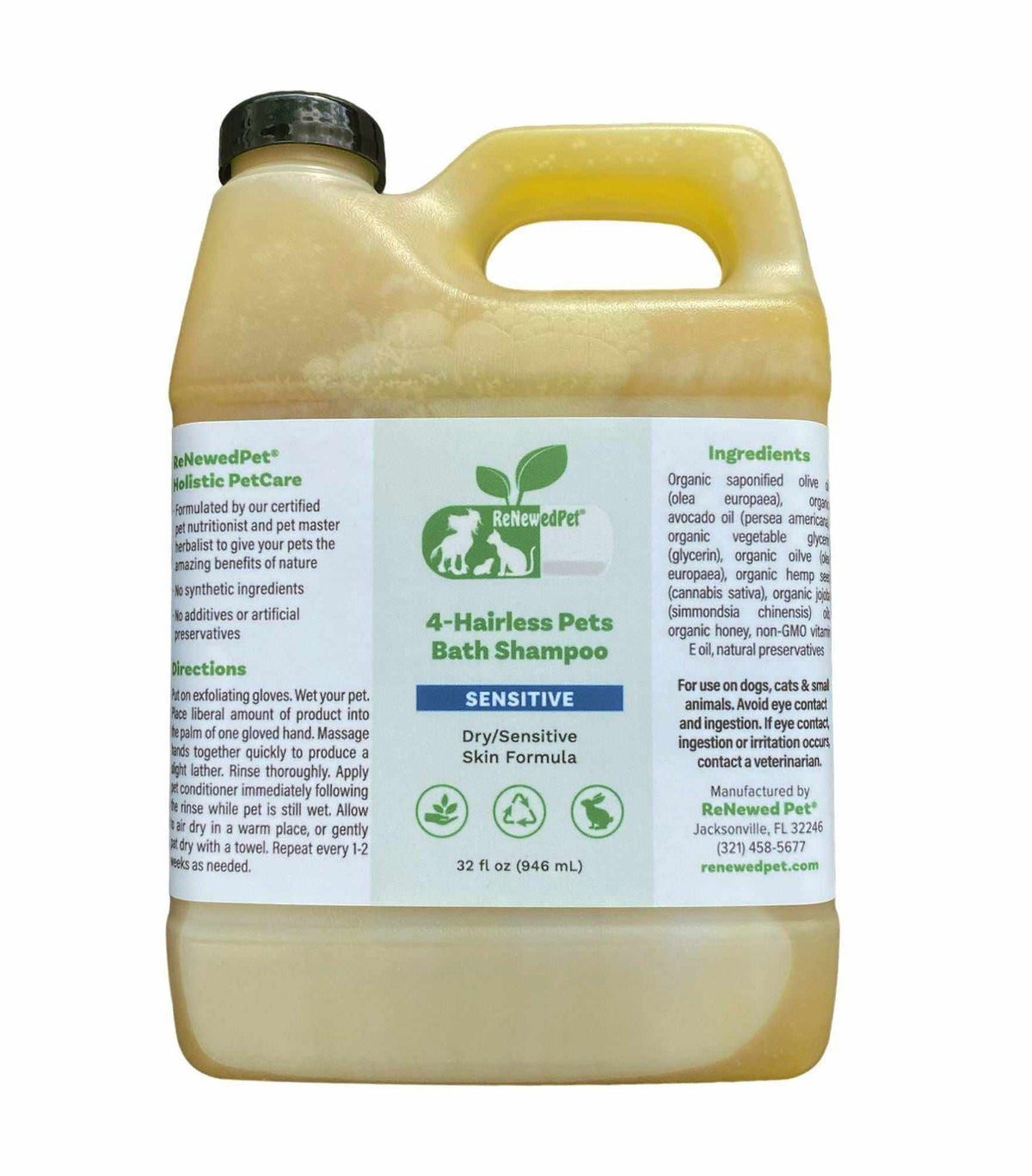 Sensitive Formula Shampoo in a beige handled jug with a green and blue label and 4-Hairless Pets branding