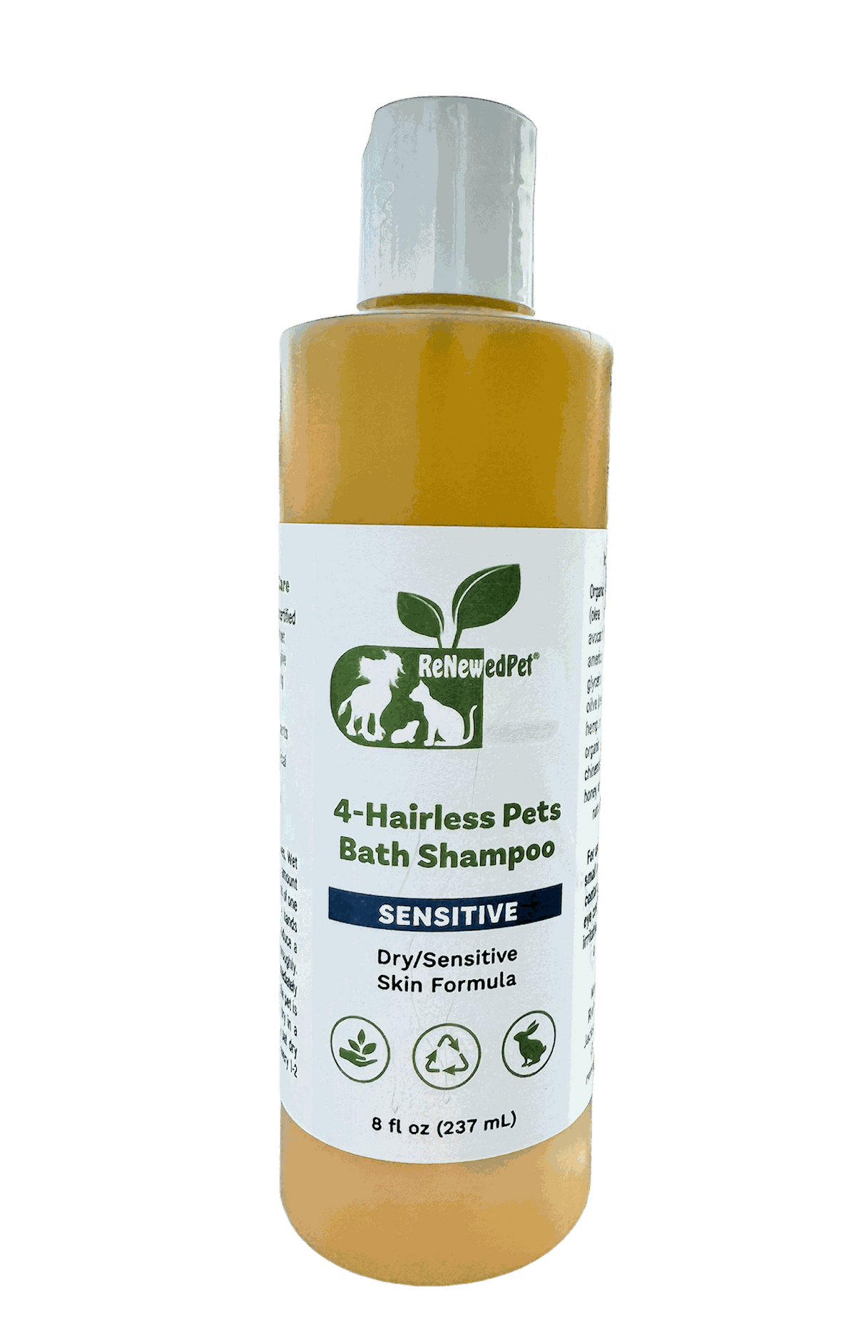 Sensitive Formula Shampoo in a clear bottle with amber liquid and a white label marked for hairless pets