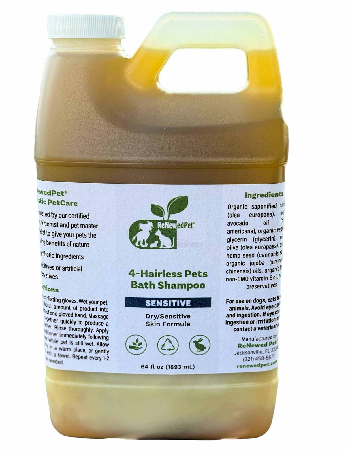 Sensitive Formula Shampoo in a large translucent jug with a white cap, yellow-brown liquid, and green label